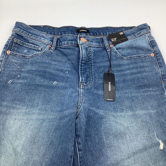 Express Womens 70s Flare Mid Rise Distressed Jeans Blue Size‎ 14R NWT - Picture 5 of 11